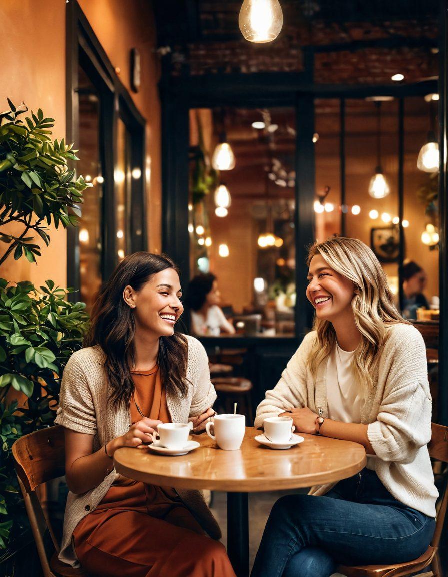 A chic urban café setting with two friends laughing and sharing a playful moment over coffee, highlighting their comfortable bond. Subtle hints of intimacy like a shared gaze or a brush of hands, surrounded by warm lighting and soft colors. Include elements like cozy seating and decorative plants that suggest a welcoming atmosphere for adult connections. vibrant colors. super-realistic.