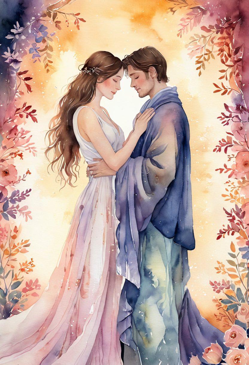 A whimsical yet intimate illustration of two figures, partially draped in soft, flowing fabric, gazing into each other's eyes with a gentle smile. Surround them with soft petals and warm candlelight to evoke a sense of romance and sensuality. The background should be a dreamy blend of twilight colors, hinting at an enchanting evening. watercolor, soft pastels, ethereal glow.
