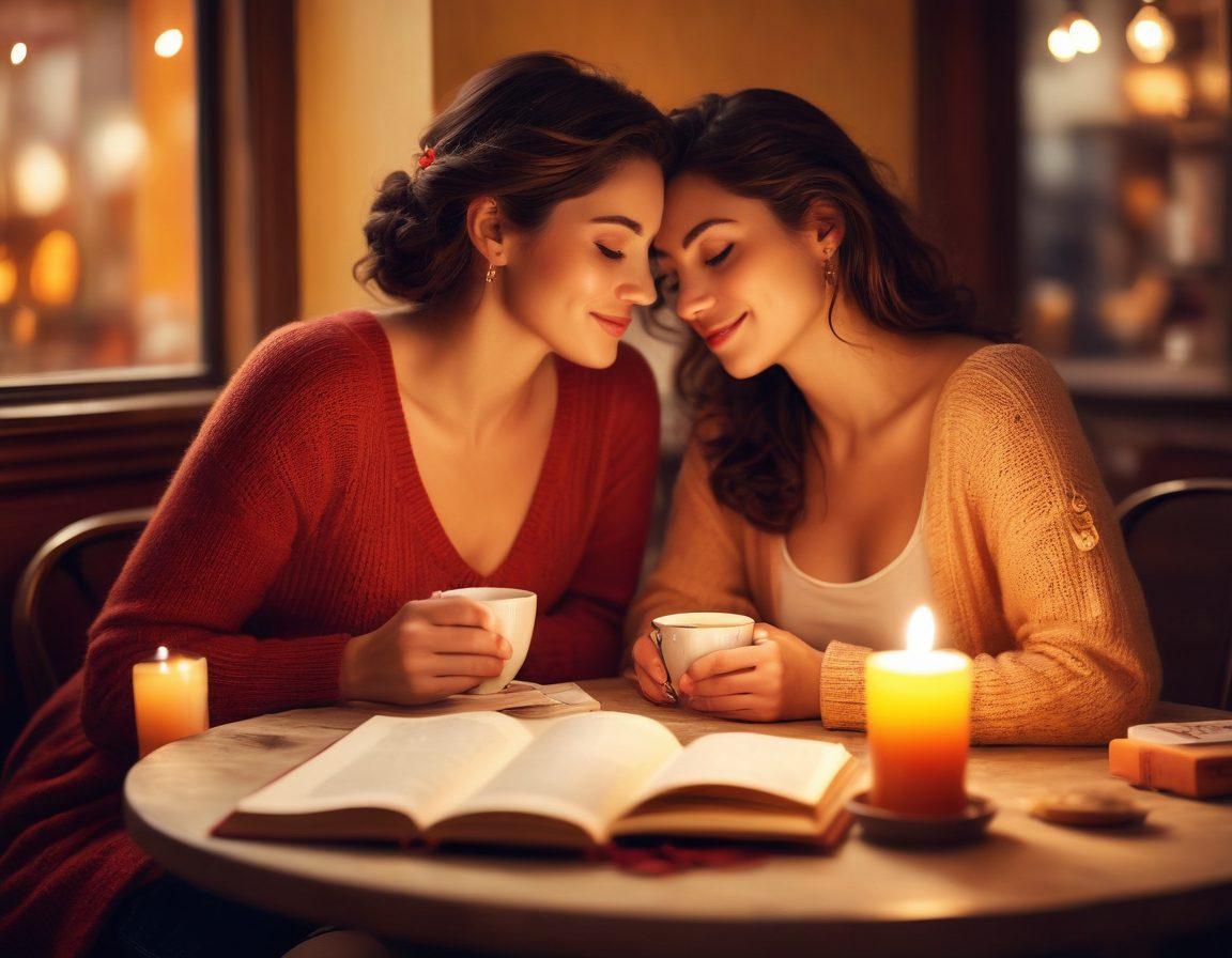 A vibrant, intimate scene depicting two close friends sharing a warm, passionate moment in a cozy café lit by soft candlelight. Surround them with whimsical details like an open book and two cups of steaming coffee, conveying an air of connection and flirtation. Include heart-shaped decorations subtly in the background to emphasize romance and friendship. The colors should be warm and inviting, blending reds and oranges for a cozy glow. soft focus, warm tones, vibrant colors.